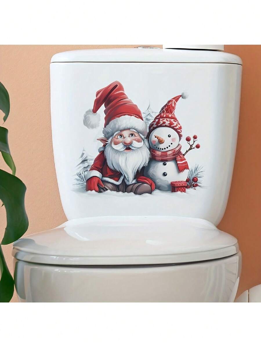 Christmas Bathroom Decoration Sticker, 1pc Self-Adhesive Removable PVC Wall Decal, Contemporary Style Santa And Snowman Toilet Tattoo, Holiday Party Atmosphere Decor, Christmas And New Year Non-Electric Accessory Without Feathers