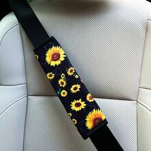 Sunflower Car Interior Set, Sunflower Printed Steering Wheel Cover, Seat Belt Cover, Anti-Slip Elastic Universal Car Styling Print, Slight Deviation In Printing Position