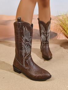优雅的女士时尚靴子，绣花西部靴，高跟绣花西部靴，时尚绣花牛仔靴，秋冬中筒平底靴，白色、棕色和黑色 - 咖啡棕 - 查看 5