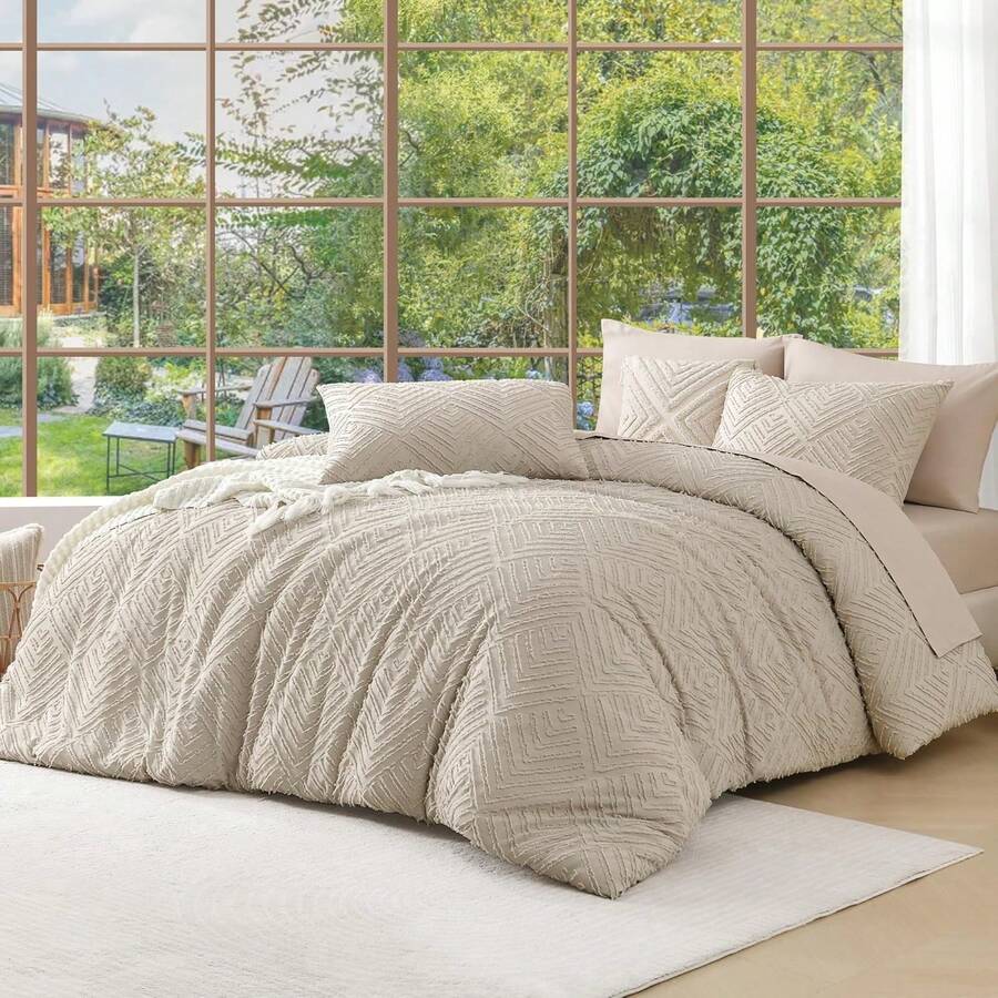 Oversized King Comforter 120''x98'', 3 Pieces Khaki Soft Boho Bedding Set, Farmhouse Tufted Fluffy Shabby Chic Bed Set For All Seasons (1 Comforter, 2 Pillowcases) With Modern Boho Style - 08 - 燕麥片 - 查看 1