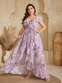 UNITHORSE Non-Positioning Flower V-Neck Ruffle Collar Detachable Tie Asymmetrical Ruffle Hem Printed Bridesmaid Dress - Purple - View 3