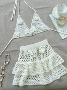 Yuwenier Y2K Sexy Boho Style Handmade Floral Embroidered Camisole Knit Bikini Top And Hollow Out Layered Crochet Mini Skirt 2-Piece Set, Summer Beach Vacation Outfit