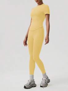 Sodalemon Women Sport Sets Solid Color T-Shirt No Front Seam Classic Design Yoga Leggings Outdoor Run Training Fitness Set - Yellow - View 9
