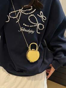 Fashionable Mini Lipstick Shaped Handbag Shoulder Bag, Metal Color Small Round Bag With Chain, Earphone Pouch, Solid Color Personalized Stylish Girl Accessory Necklace Bag - Gold - View 3