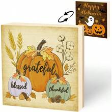 Halloween Fall Decor, Reversible Thanksgiving Decorations, Wooden Happy Halloween Sign With Pumpkin And Ghost, Thanksgiving Table Decor, Rustic Block Tiered Tray, Shelf, Mantel