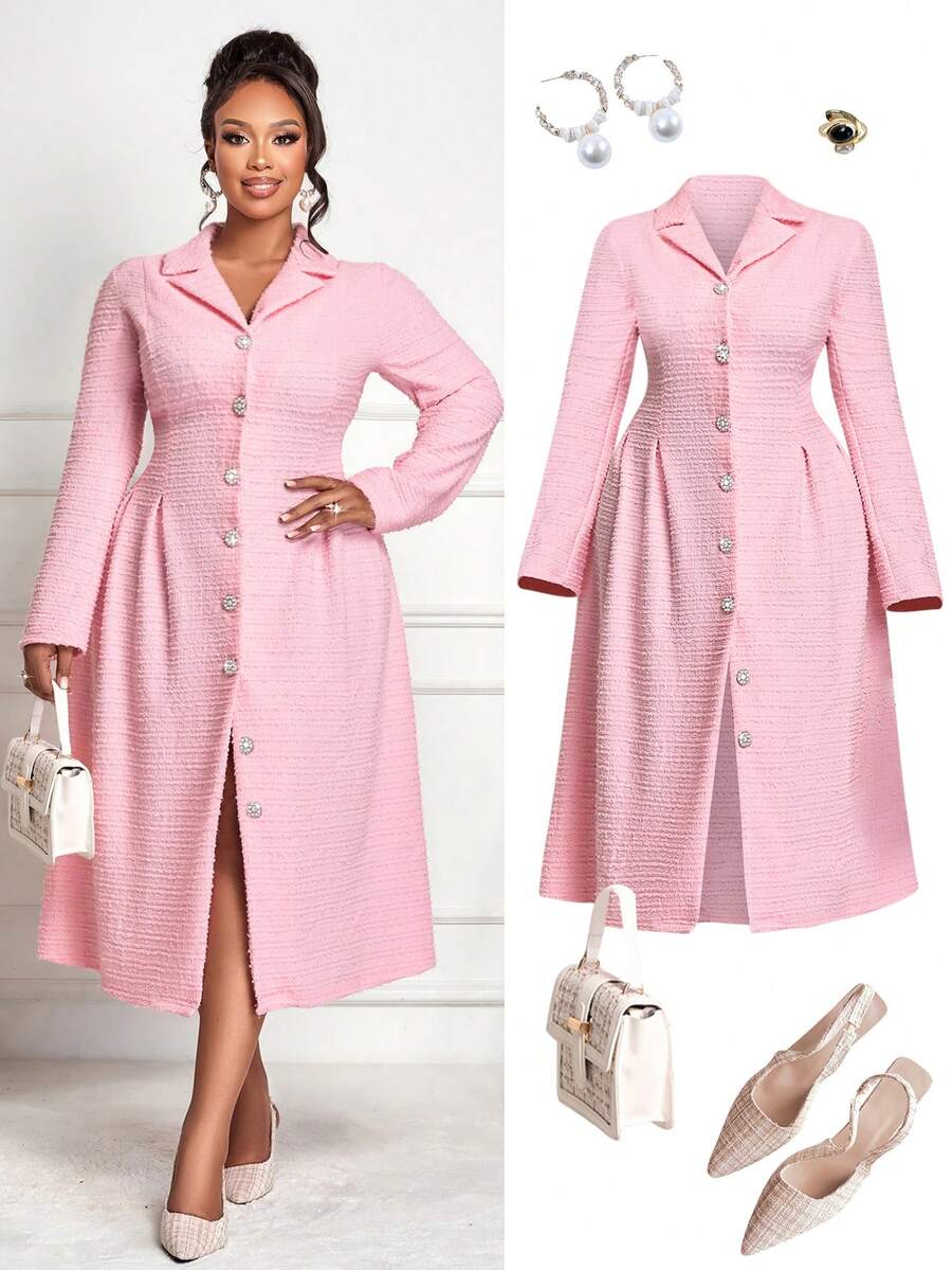 BIUBIU Women's Plus Size Elegant Office Commuting Tweed Pearl Button Decoration Apricot Waist Cinched Double Breasted Long Sleeved Suit Dress; Autumn Women's Clothing; Women's Office Attire; Women's Long Coat, Autumn And Winter Clothing/Fashionable Casual Home And Outdoor Clothing/Autumn Wedding Guest Dress/Business Casual Women/Women's Office Clothing/