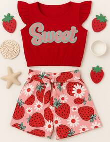 Minilê Kids Set For Girls, Summer Shorts, Ruffled Blouse - Đỏ - Xem 1