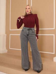 Women's Wide Leg Jeans, Luxury Straight Cut, 100% Jeans, High Waist, Butt Lifting - 灰色 - 查看 4