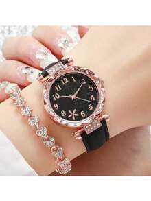 2 件女士休闲石英手表，配 PU 皮革表带和手链，送给爱人的礼物 - 黑色 - 查看 3