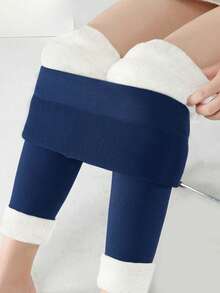 女式纯色保暖内衬休闲紧身裤，秋冬款 - 藏蓝色 - 查看 6