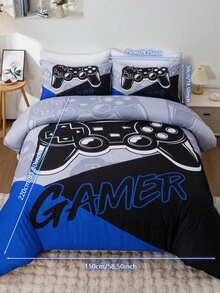 Bộ chăn ga gối đệm tay cầm chơi game chắp vá 3 món màu xanh-đen-xám/đỏ-đen-xám, bao gồm 1 vỏ chăn và 2 vỏ gối, vải sợi nhỏ mềm mại, thích hợp cho phòng ngủ, ký túc xá (trai/gái) hoặc khi đi du lịch - Nhiều màu - Xem 12