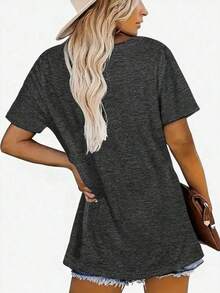 Thanksgiving Animal & Letter Print T-Shirt, Casual Short Sleeve Top For Spring & Summer, Women's Clothing Comfort Tops - Dark Gray 3 - View 3