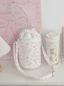 1 szt. pikowana okrągła torebka na ramię, torebka typu wiadro, śliczna okrągła torebka, przenośna torba podróżna na butelkę z wodą, torba na ramię z kieszenią na telefon, uchwyt na butelkę z wodą, torba podróżna na ramię z kwiatowym wzorem i kokardą, z odpinanym paskiem na ramię, śliczna okrągła torebka do podróży, codziennego życia, biura, nauki, na zewnątrz, do pracy, prezent urodzinowy, prezent dla przyjaciela - Wielokolorowe - Zobacz 4