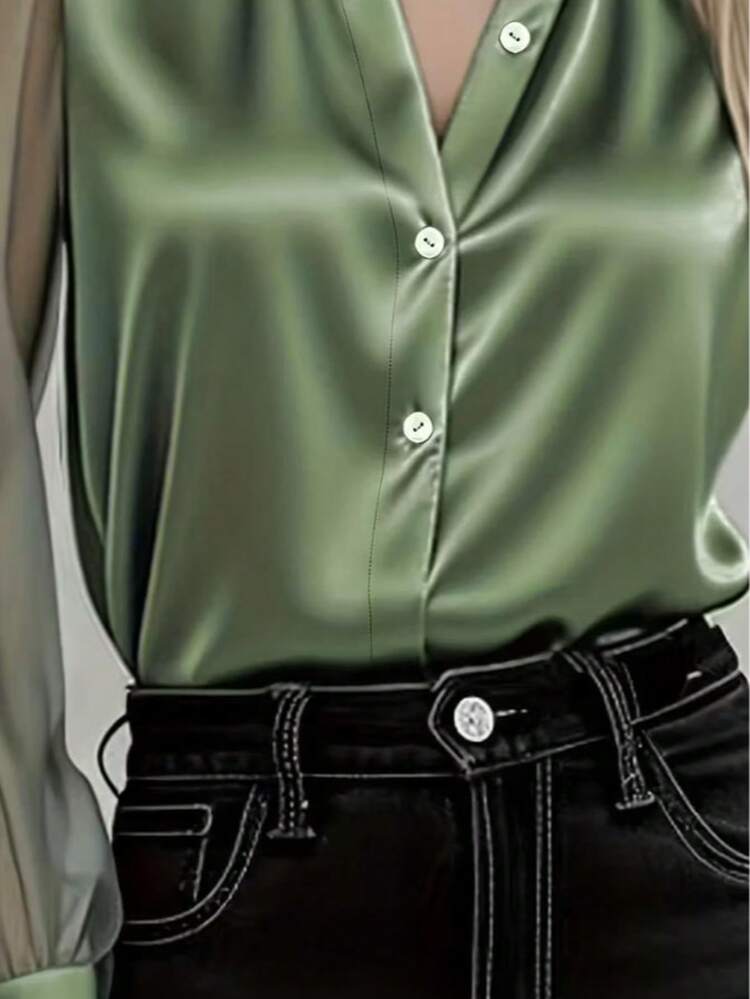 1 Peça Blusa Elegante de Manga Longa com Botões na Frente, Sólida em Cetim com Recortes em Tela, Adequada para Escritório, Férias, Casa, Uso Diário, Festivais, Todas as Estações da Primavera - Verde - Visão 2