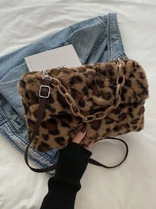 Classic Fluffy Envelope Bag For Women, Fashionable Leopard Print Furry Shoulder Handbag, Crossbody Bag, Autumn/Winter, Korean Style