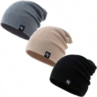 3 عبوات قبعة بيني مزينة بشعار NY قبعات شتوية يونيسكس من الأكريليك ذات حافة مطوية قبعة بيني متدلية قبعات محبوكة للخارج للرجال