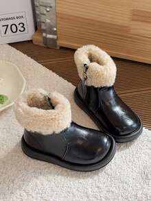 1 Pair 2025 Winter New Kids Waterproof Anti-Slip Faux Fur Snow Boots, Thick Thermal Lined Girls Winter Boots, Warm Leather Boys Boots, Fashionable Baby Boots