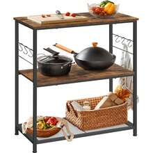 Küchenregal, Mikrowellenregal, Kücheninsel, Standregal, Metallgestell, 3 Ablagen, offen, 6 Haken, Multifunktionsregal, 80 x 40 x 90 cm, Industrie-Design - Vintagebraun-Schwarz - Übersicht 1