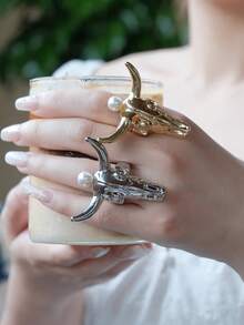 1 件时尚金色/银色牛头和角珍珠铜镀金开口戒指，适合男女日常和派对佩戴 - 大牛頭戒指 - 查看 4