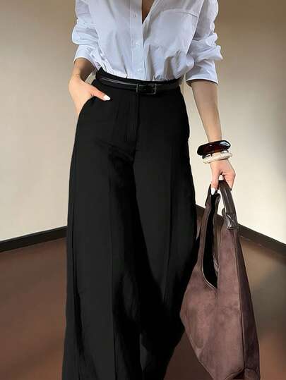 DONICY Pantalones de pierna ancha y recta de cintura alta con bolsillos para mujer, pantalones de traje elegantes, vintage y minimalistas versátiles de color negro, adecuados para uso diario casual, oficina, citas, compras y exposiciones