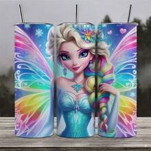 FAMILY UP Frozen 20oz Stainless Steel Tumbler With Straw - Insulated Travel Mug,  - , Rust Resistant, Vibrant Blue & Pink Wings Design, Perfect For Camping, Dining, And Relaxing - Officially Licensed, Hand Wash Only, Camping Drinkware | Vibrant Character Design | Durable Drinkware - 1件 - 查看 1