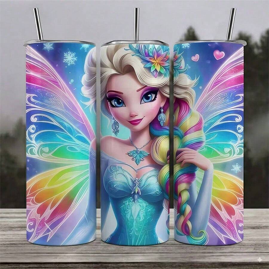 FAMILY UP Frozen 20oz Stainless Steel Tumbler With Straw - Insulated Travel Mug,  - , Rust Resistant, Vibrant Blue & Pink Wings Design, Perfect For Camping, Dining, And Relaxing - Officially Licensed, Hand Wash Only, Camping Drinkware | Vibrant Character Design | Durable Drinkware - 1件 - 查看 1