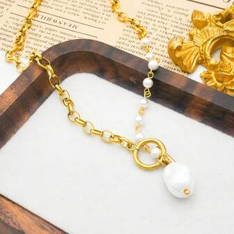 18K Gold Plated Stainless Steel Pearl OT Clasp Necklace, Elegant & Minimalist Style, Suitable For Women's Daily Wear Or Holiday Gift