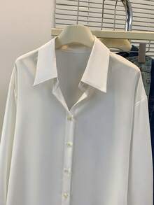 Elegant Women's Long Sleeve Button Up Shirt Blouse In Semi-Sheer White Polyester Featuring A Stylish Shirt Collar