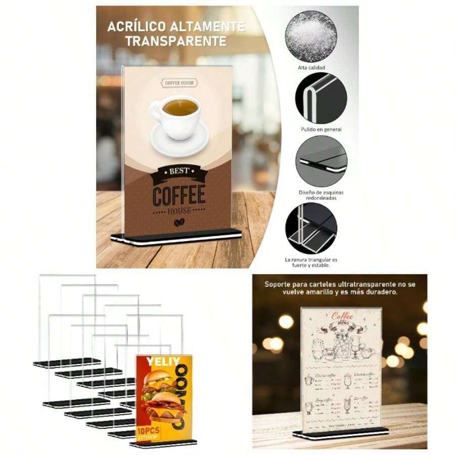 Porta Menu, 10Pcs - Soporte de Letrero, Soporte para Mens de Acrlico, Menu Holder Doble Cara Transparente para Restaurantes, Oficina, Publicidad, Bares, Tablero De Mesa, Almacenar, 21*15Cm - Transparente e incoloro - Ver 1