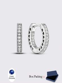 Pendientes de aro grandes de circonita cúbica de plata de ley 925 para mujer, regalo de joyería para fiestas, bodas y compromisos - Plateado - Ver 7