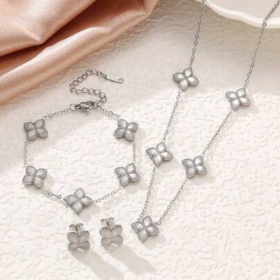 4pcs Stainless Steel Necklace, Bracelet, Earrings Set, Textured Clover Jewelry Set, Elegant Fashion Accessories, Delicate Luxury Jewelry Set For Women, Ideal Gift, Versatile Jewelry Set