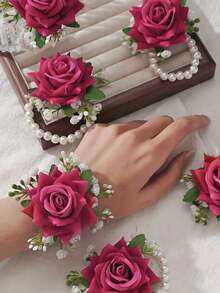  4/6pcs Elegant White Rose Wrist Corsages With White Gypsophila And Faux Pearl Chains, Beautiful Floral Decorations With Green Leaves, Durable And Comfortable To Wear, Perfect Wedding Accessories For Bride, Bridesmaids, Mother-In-Law, And Guests, Ideal For Prom, Anniversary, Dinner Dance, Engagement, Or Formal Events, Romantic Party Favors And Elegant Gift Choice For Women Girls Valentine's Day Accessories