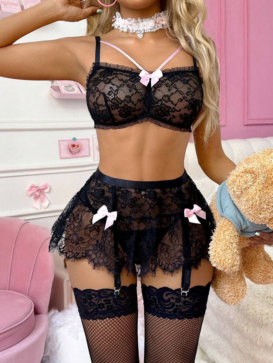 Bộ 4 món: Bộ đồ lót ren đen gợi cảm, kiểu dáng ngọt ngào dễ thương quyến rũ, bao gồm cả vớ, đồ ngủ nhập vai, thích hợp cho các lễ hội âm nhạc. - màu đen - Xem 1