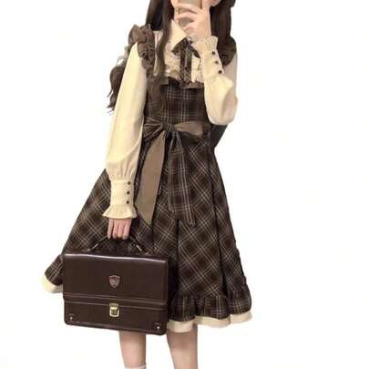 チェック柄 ワンピース 量産型 レディース シャツワンピース リボン フリル スリム 学院風 韓国風 蝶結び 地雷系 可愛い 長袖 森ガール ハイウエスト Aライン 通勤 通学 きれいめ