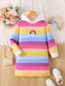 Girls' Rainbow Striped 3D Embellished Hooded Long Sleeve Knee-Length Sweatshirt Dress, Suitable For Spring/Autumn Holidays, Outdoor Activities, And Everyday Wear - Pink - View 2