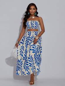 Ladies' Sexy Sweep With Printed Strapless Top, Long Skirt Two Pieces Set, Women's Sexy Date Outfit For Valentine's Day Night Dates Elegant Dress Women Elegant Women's Sets Women's Summer Dresses