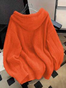 女士休闲连帽针织开衫，宽松长袖，前口袋，可调节抽绳兜帽，简约设计，舒适套头衫，秋冬 - 橘色 - 查看 2