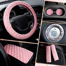 Tallew 8 Pcs Pink Cute Car Accessories Set Includes Steering Wheel Cover 2 Seat Belt Shoulder Pad Auto Center Console Pad 2 Cup Holders 2 Bling Start Button Ring Sticker Gift For Girl Women New Driver - 粉色 - 查看 2