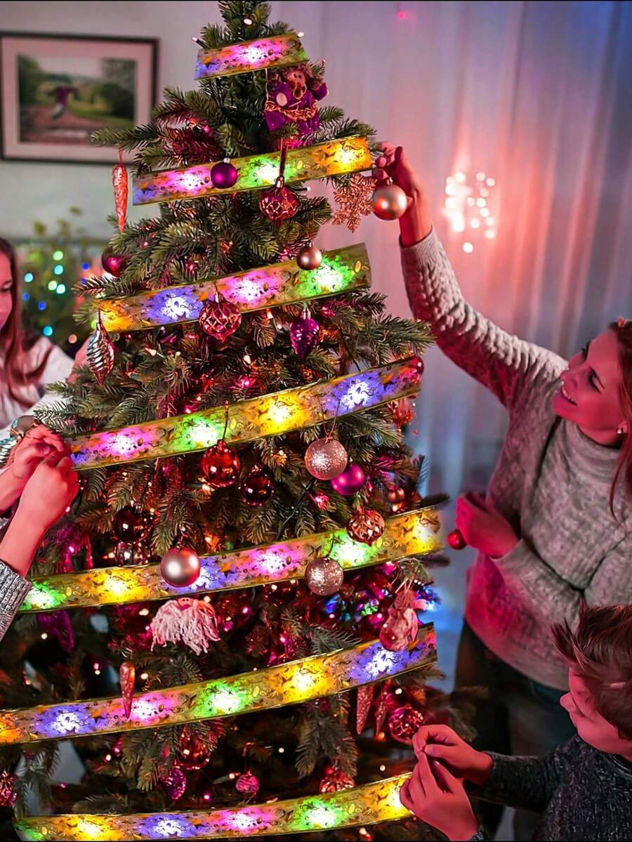 Guirlande lumineuse LED de décoration de Noël, Lumières en fil de cuivre avec ruban doré, Lumières colorées avec ruban, Lumières en fil de cuivre, Bande lumineuse en satin en forme de nœud pour sapin de Noël, Plusieurs tailles disponibles 1m/3m/5m/10m