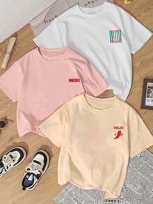 3pcs/Set Summer New Minimalist Chili Pepper Design Print Casual Round Neck Short Sleeve T-Shirt, Fashionable & Versatile Women Tops - White, Pink and Apricot - View 2