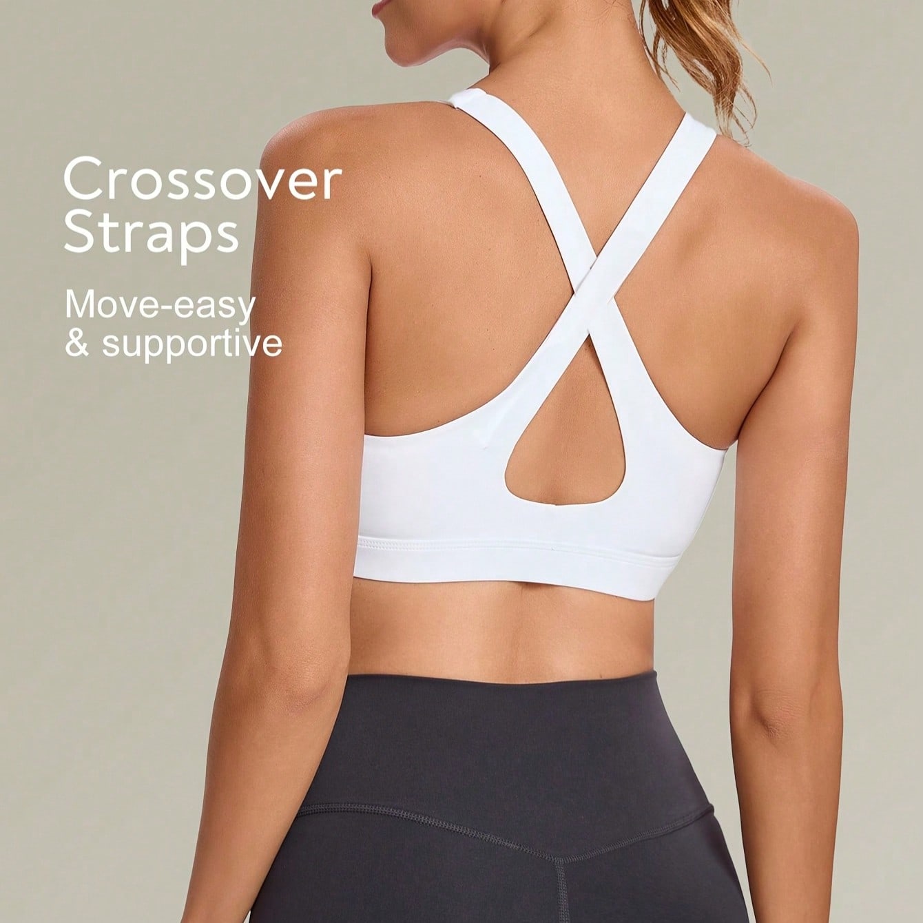 Sujetador deportivo de yoga con espalda cruzada, con soporte medio y copas extraíbles, color blanco primaveral