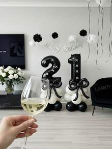19 件/套 32 英寸黑色数字 0-9 生日派对装饰气球，时尚黑白风格生日装饰套装 | 黑色铝箔数字装饰和单色美学设计 | 影响者级照片背景道具 | 豪华黑白蝴蝶结气球花束套装 | 黑色蝴蝶结形铝箔气球，10 英寸黑白乳胶气球 - 黑色數字 - 查看 6