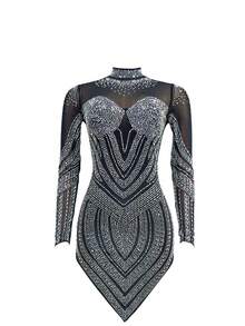 Summer Spring Fashion Elegant Women's Mesh Sparkly Rhinestone Long Sleeve Stand Neck Short Dresses Birthday Party Festival Wedding Black - Black - View 4