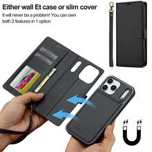 OUKNOEO Magnetic Wireless Charging Faux Leather Case Compatible With IPhone 17 Air 16e 15 14 13 Pro Max S26 S25 Edge S24 UItra Plus A16 A17 A36 A56 A37 A57 With Flip 4 Card Slot Anti-Theft Brush Wallet With Short Lanyard - Black - View 7