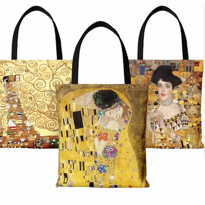 New Canvas Tote Bag With Gustav Klimt Symbolism Artwork Print, Double-Sided, Women's Shoulder Bag, Commuter Handbag, Foldable Reusable Shopping Bag