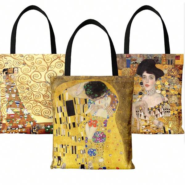 New Canvas Tote Bag With Gustav Klimt Symbolism Artwork Print, Double-Sided, Women's Shoulder Bag, Commuter Handbag, Foldable Reusable Shopping Bag