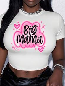 Women's "Big Mama" Graphic Crop Top - Casual Short Sleeve Round Neck Shirt With Pink Hearts, Stretchy Summer Tee, Machine Washable White Top For Casual Attire, Comfortable Fitted Shirt, Playful Print Design, Medium Elasticity - 白色 - 查看 1