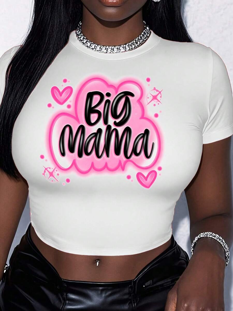 Women's "Big Mama" Graphic Crop Top - Casual Short Sleeve Round Neck Shirt With Pink Hearts, Stretchy Summer Tee, Machine Washable White Top For Casual Attire, Comfortable Fitted Shirt, Playful Print Design, Medium Elasticity - 白色 - 查看 1