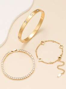 1 件时尚四叶草锆石不锈钢女士手链套装，适合日常佩戴、情侣约会、多场合搭配和送礼 - 金黃色 - 查看 2