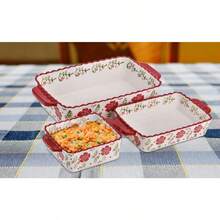 Coloch Paquete de 3 platos de cerámica para hornear juego de utensilios rectangulares pintados a mano para lasaña de porcelana para servir pasta pollo cocina banquete microondas y lavaplatos - Rojo - Ver 7
